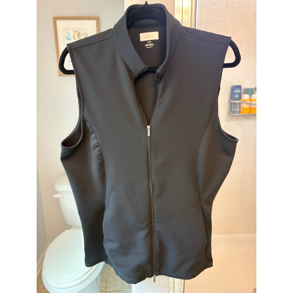 Greg Norman Womens Black Ribbed Full Zip Golf Vest Mock Neck Stretch Size Large